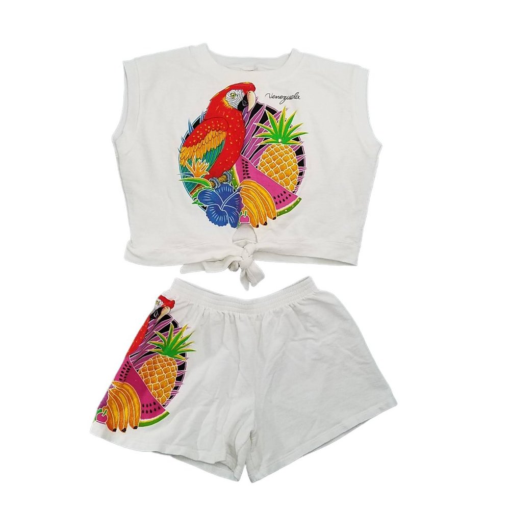 Vtg Two Piece Tie Front Crop Top Shorts Venezuela Terry Cloth Premier Sportswear